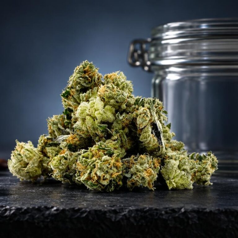 Como conservar flores de CBD: flor Minibud Premium Superskunk numa composição de estúdio