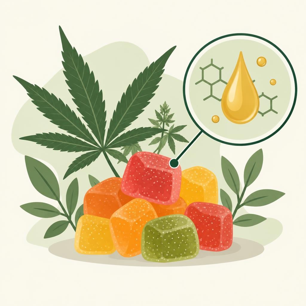 Gomas de CBD coloridas em vermelho, amarelo e verde junto a folhas de cannabis e ampliação molecular do óleo extraído