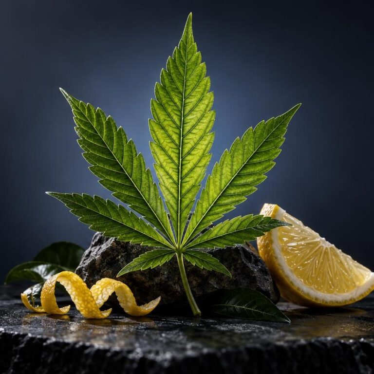 Folha de cannabis verde com forma característica ao lado de limão fresco e casca de citrino, sobre superfície escura