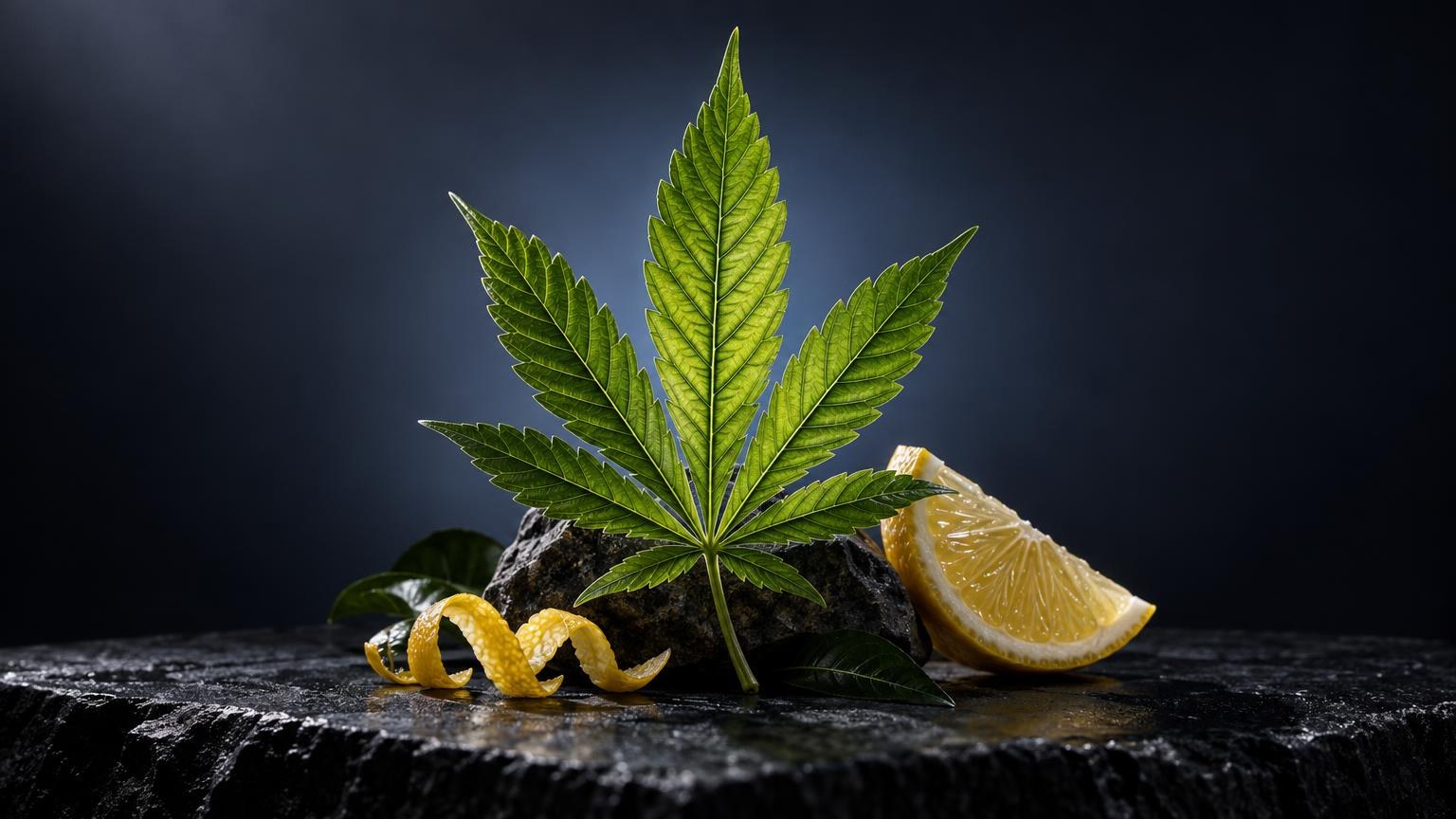 Folha de cannabis verde com forma caracterĂstica ao lado de limĂŁo fresco e casca de citrino, sobre superfĂcie escura