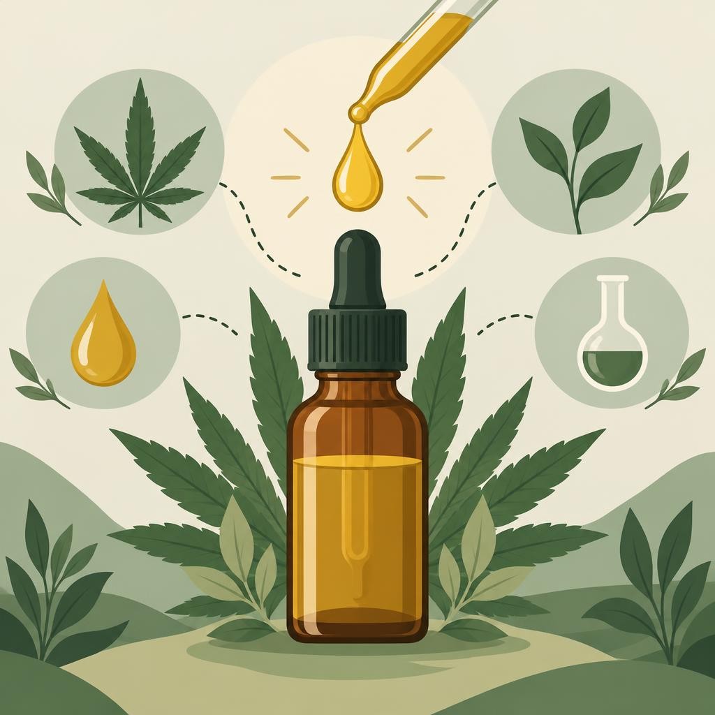 Frasco de vidro âmbar com conta-gotas dourado rodeado de folhas verdes e ícones ilustrativos de ingredientes naturais
