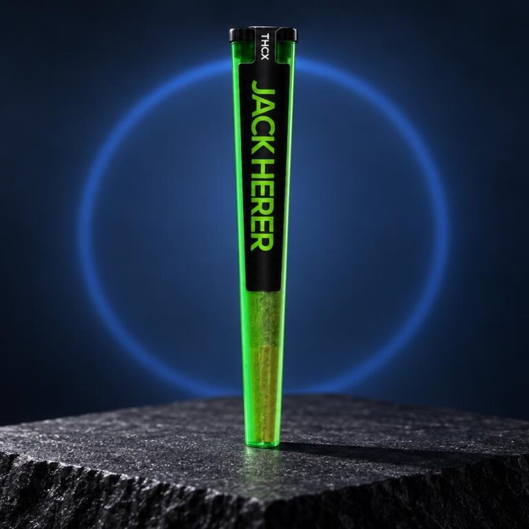 Cigarro pré-enrolado verde-fluorescente e preto sobre tronco de madeira, com aura azul ao fundo