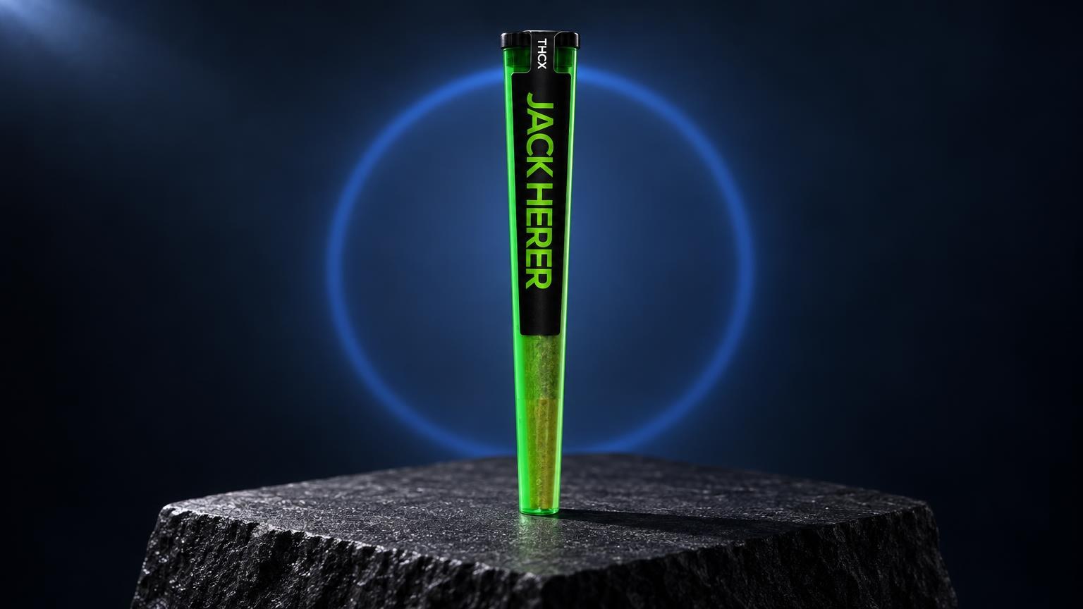 O que é um blunt: cigarro pré-enrolado verde-fluorescente e preto sobre tronco de madeira, com aura azul ao fundo