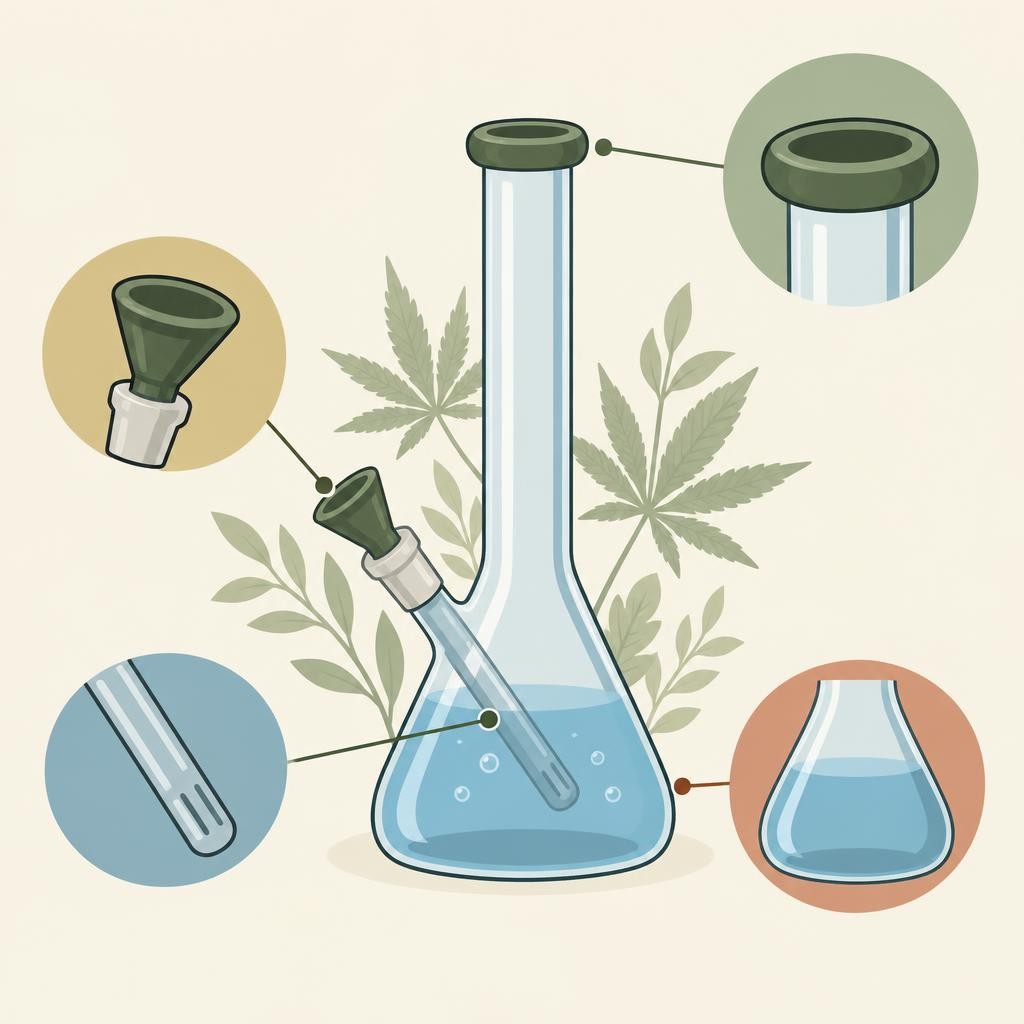 O que é um bong: desenho plano com motivos vegetais — As partes de um bong: base, tubo downstem, taça e bocal