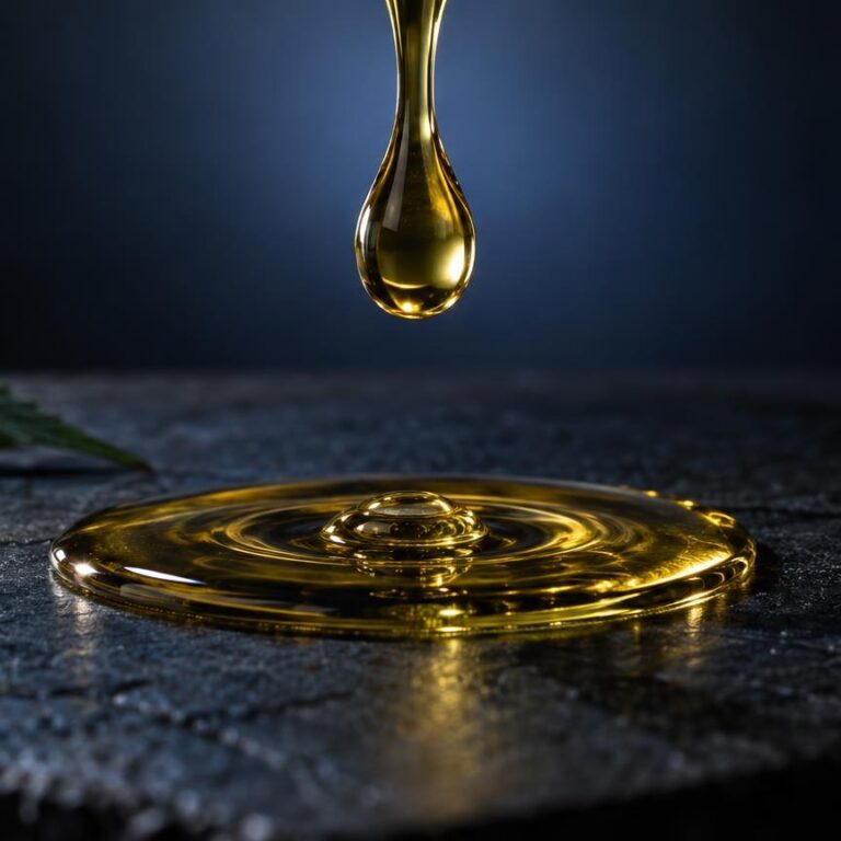 Gota de óleo dourado caindo numa superfície escura com folhas verdes, ilustrando o processo de óleo cbd como fazer