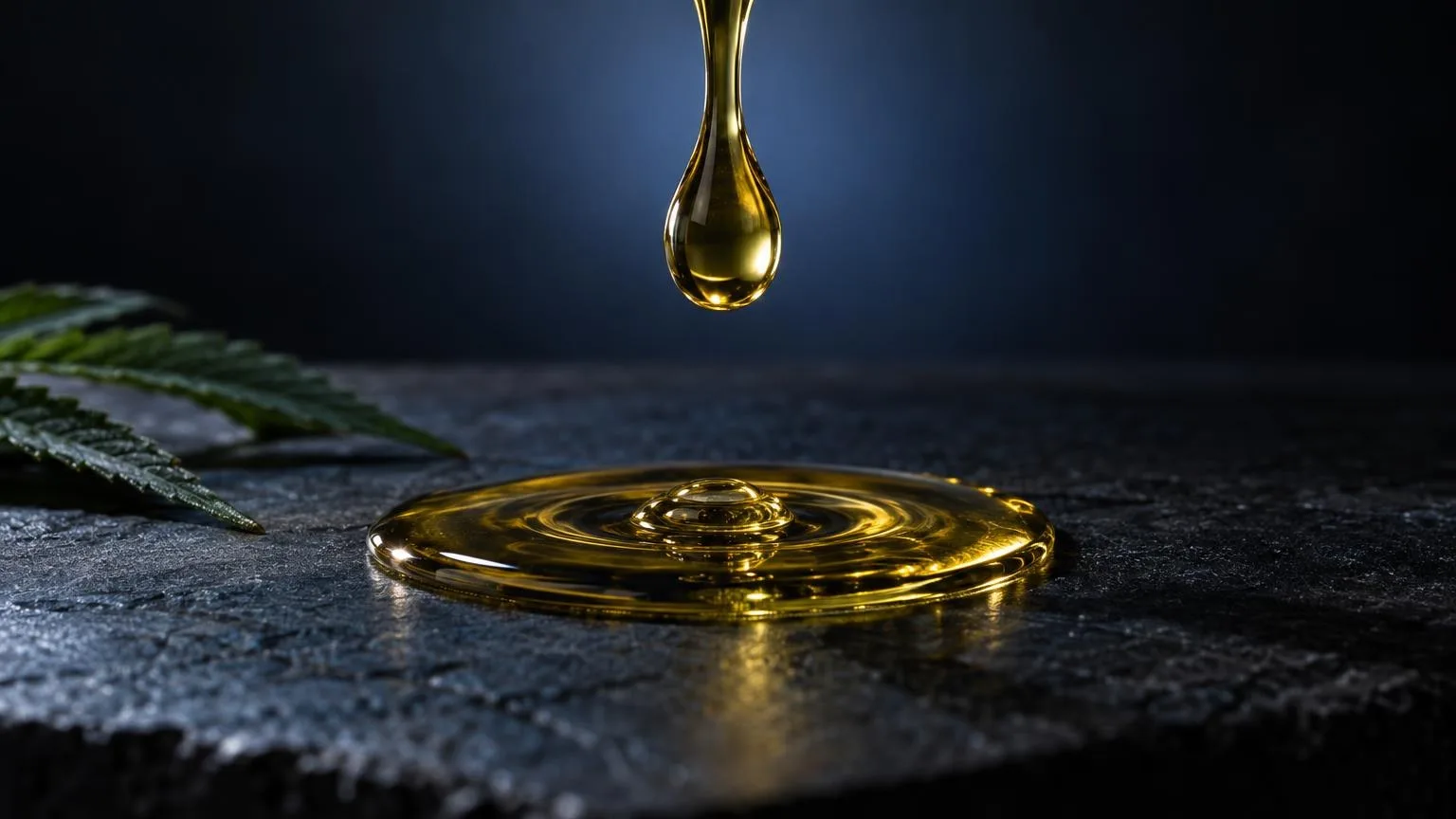 Gota de Ăłleo dourado caindo numa superfĂcie escura com folhas verdes, ilustrando o processo de Ăłleo cbd como fazer