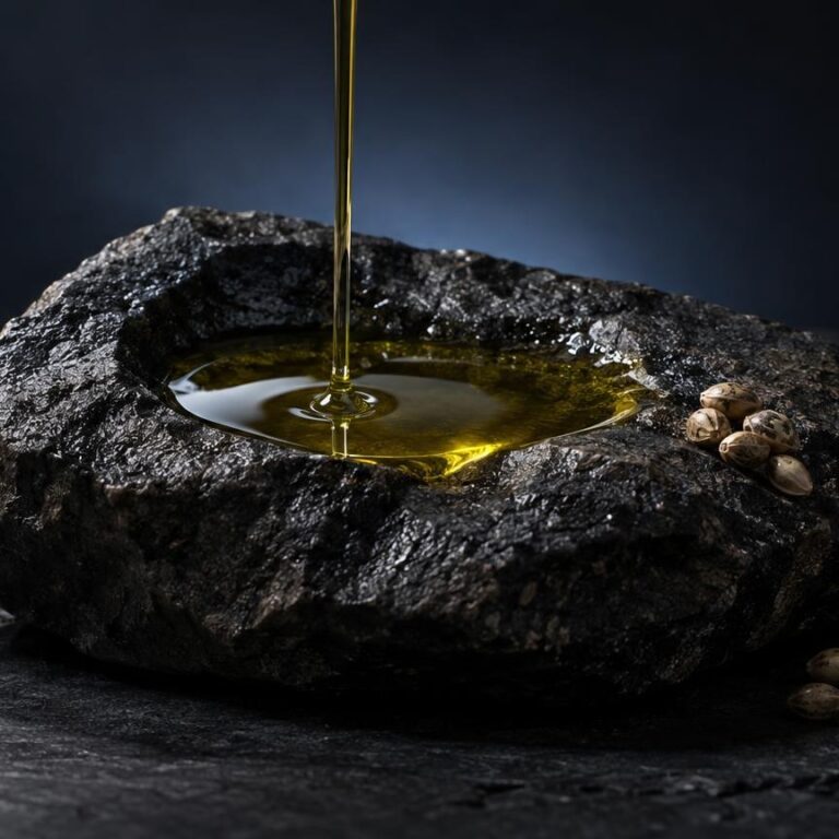 Óleo amarelo a escorrer de um conta-gotas sobre uma rocha negra, simbolizando a extração e pureza do produto