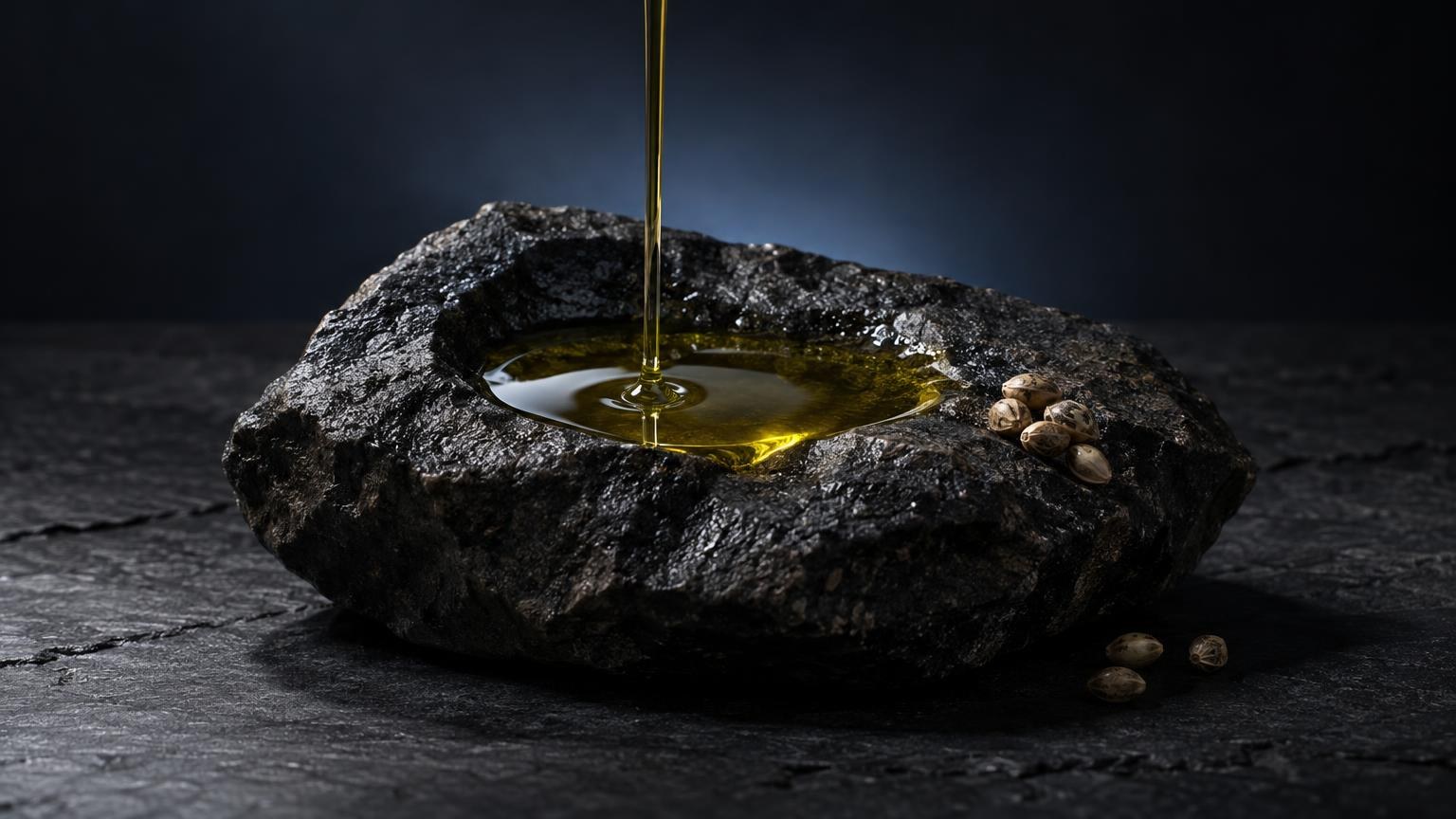 Óleo amarelo a escorrer de um conta-gotas sobre uma rocha negra, simbolizando a extração e pureza do produto