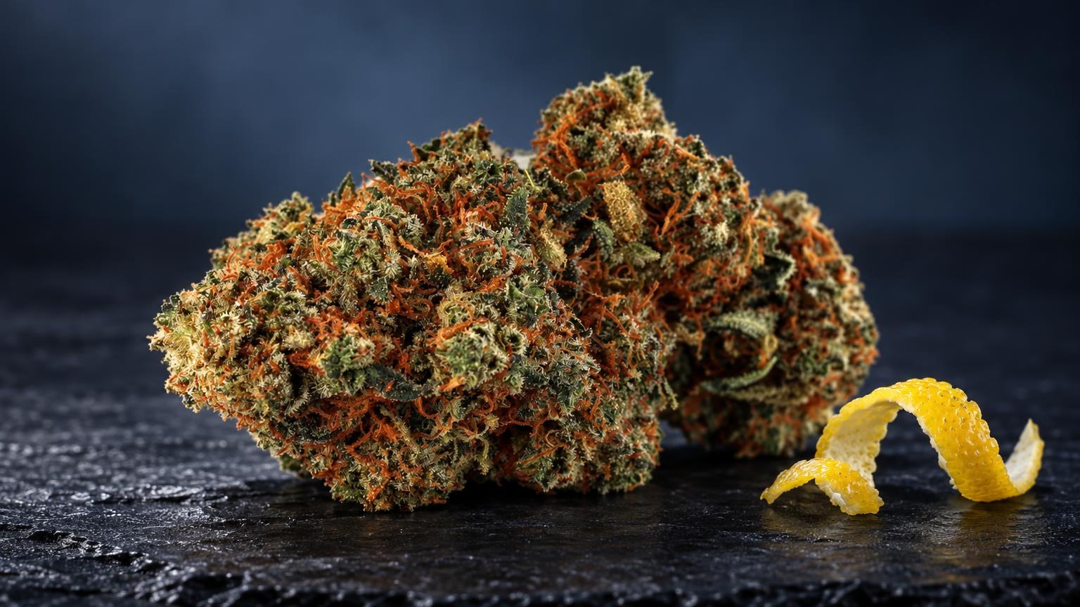 Flor de cannabis Super Lemon Haze com tons verde-alaranjados e tricomas brilhantes, ao lado de casca de limĂŁo