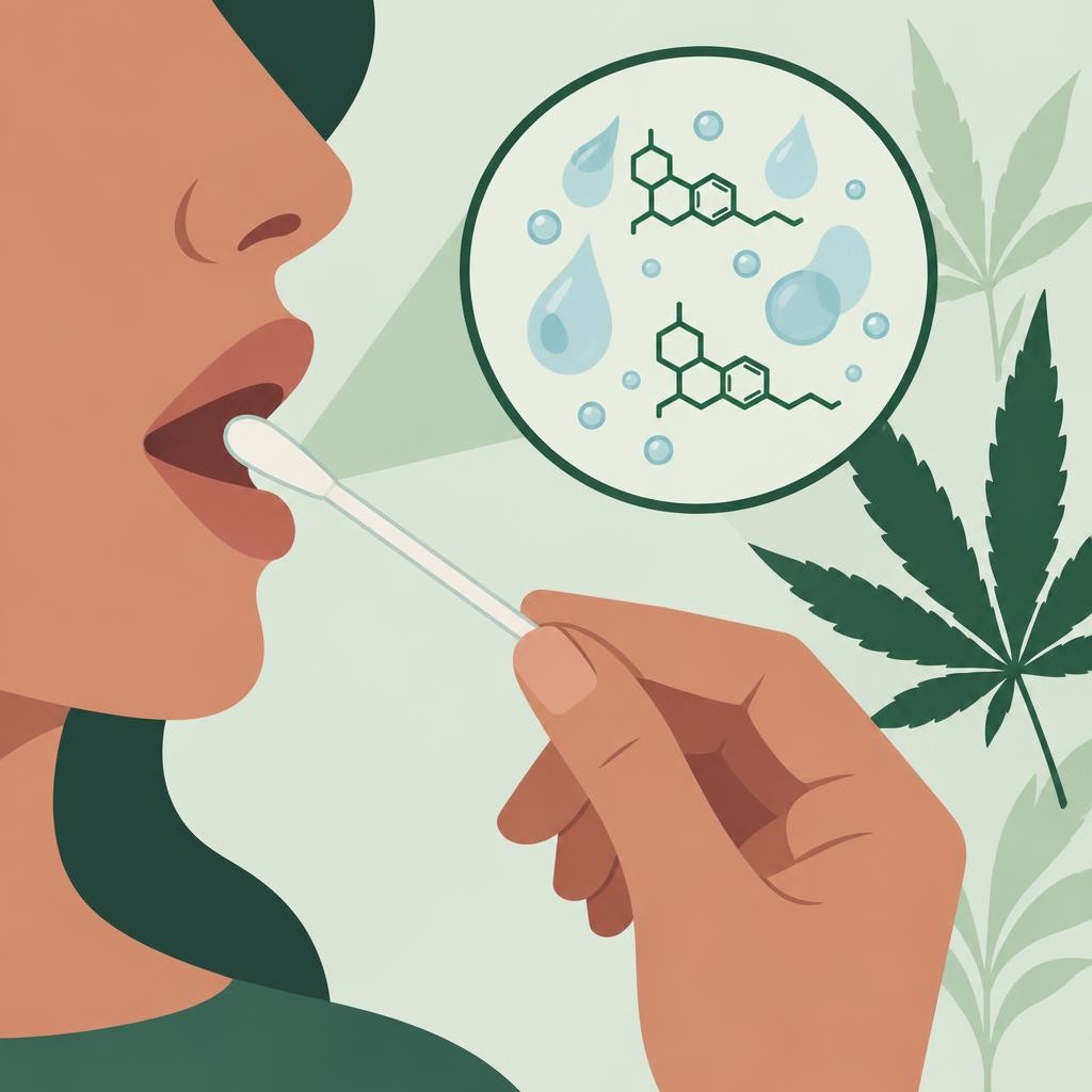 Pessoa a realizar Teste de saliva THC com zaragatoa, mostrando moléculas de THC ampliadas e folhas de cannabis ao fundo
