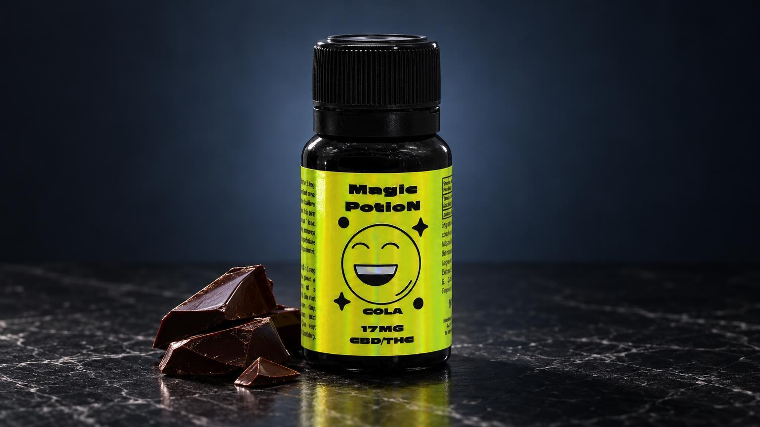 THC edibles: frasco com rótulo amarelo neon e tampa preta ao lado de chocolate escuro, sobre superfície cinzenta